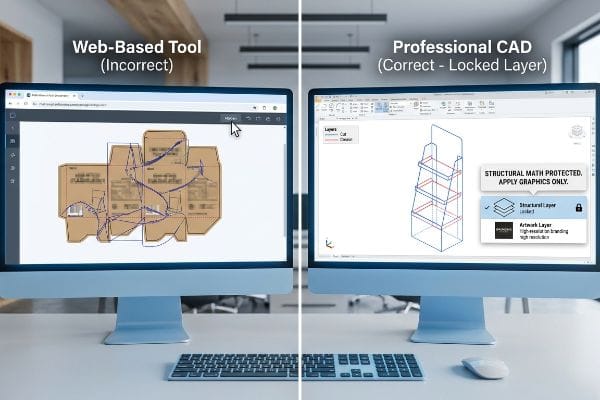 Two monitors show a Web-Based Tool (Incorrect) with a flattened cardboard dieline and Professional CAD (Correct - Locked Layer) displaying a 3D display stand, emphasizing 'Structural Math Protected, Apply Graphics Only' and a 'Structural Layer Locked'.