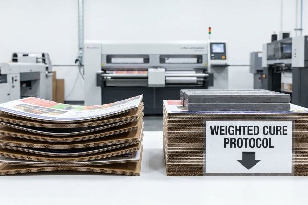 Corrugated display panels with printed top-sheets under weights for the Weighted Cure Protocol, near a litho-laminator machine.