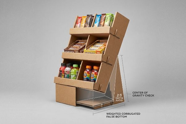 Brown corrugated countertop display with Weighted Corrugated False Bottom and 2:3 Depth Ratio for Center of Gravity Check, holding snacks and beverages.