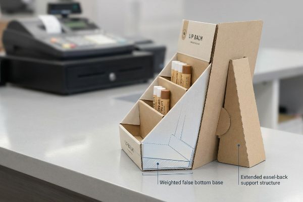 Cardboard countertop POS display for Lip Balm, featuring a weighted false bottom base and extended easel-back support structure on a checkout counter.