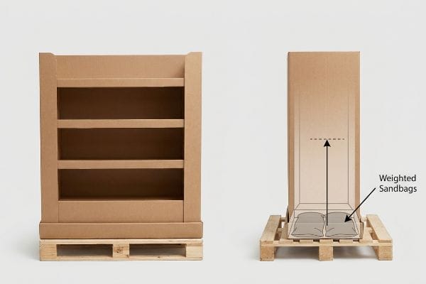 Weighted Sandbag Stability Corrugated cardboard display on a wooden pallet, alongside a cutaway view revealing Weighted Sandbags in the base for stability.