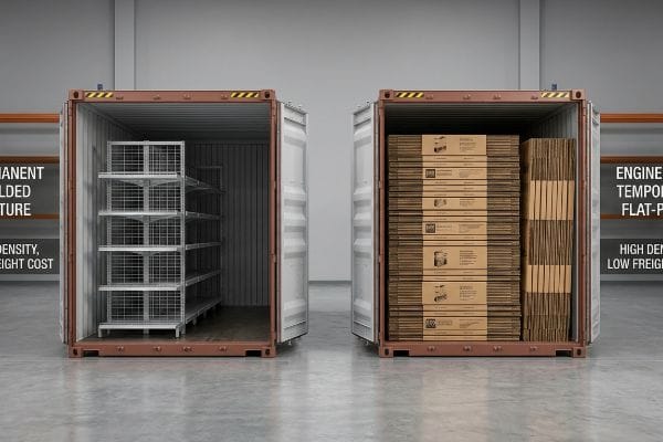 貨物密度比較 「恒久的に溶接された固定具」コンテナに入った銀色のワイヤーラックと、「設計された一時的なフラットパック」段ボール箱に入った銀色のワイヤーラック。.
