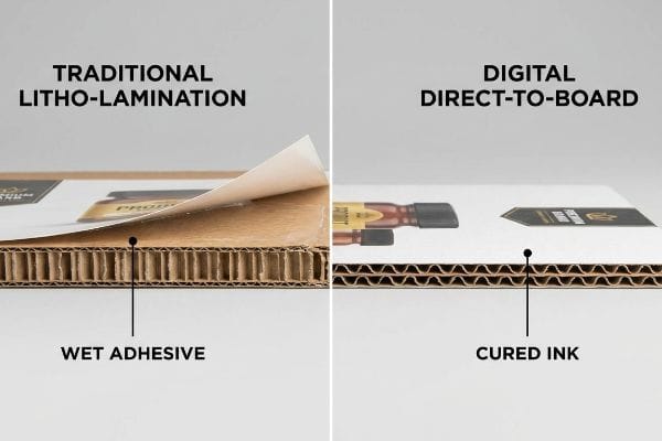 Digital vs Litho Printing Corrugated board cross-section comparing Traditional Litho-Lamination's Wet Adhesive to Digital Direct-To-Board's Cured Ink.