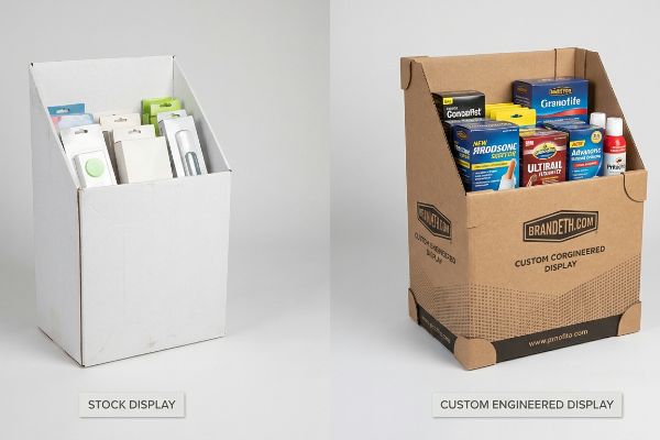 A plain white stock display unit, filled with assorted small, generic packaged products, illustrating a standard retail fixture solution.