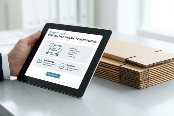 A person holds a tablet displaying a 'Business Order Wholesale Pop Displays - Payment Pending' screen, next to a stack of unassembled corrugated cardboard boxes.