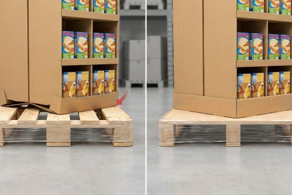 Corrugated display unit sagging into wide-gap wooden pallet (left) vs. stable unit on solid-deck pallet (right).