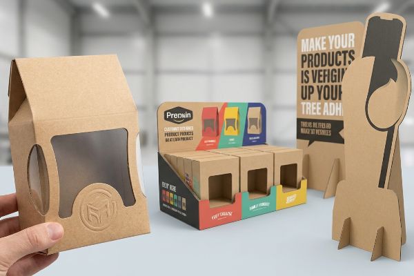 Kraft corrugated cardboard displays: Prepkin countertop unit, hand-held window box, and large die-cut floor displays.
