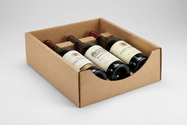 Brown corrugated SRP tray holds three wine bottles: Chak Remi, Martial, Cartilan, with a custom die-cut swoop lip for label visibility.