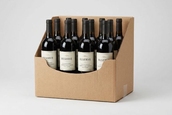 A brown corrugated cardboard point of purchase display holds twelve dark glass Reserve Cabernet Sauvignon wine bottles from Napa Valley.