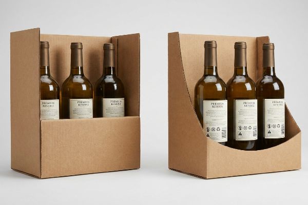 Brown corrugated cardboard wine displays, one with a tall lip and another with a sloped front, showcasing three Premium Reserve wine bottles.