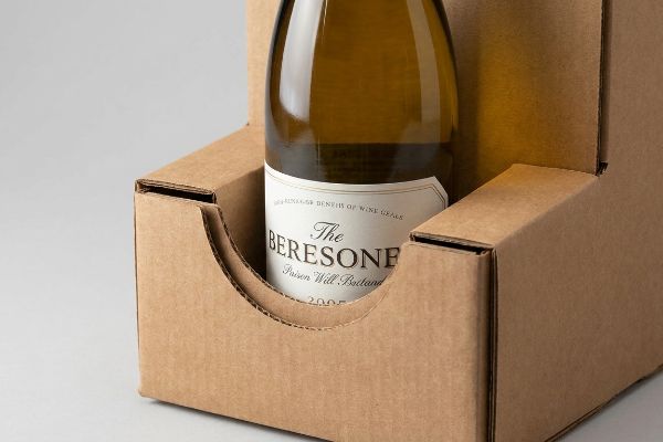 Corrugated cardboard wine tray with a custom die-cut swoop revealing The Beresone wine label for optimal visibility.