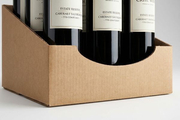 Natural brown corrugated PDQ tray with a custom die-cut swoop front, showcasing Estate Reserve Cabernet Sauvignon wine bottles and their TTB compliant labels.
