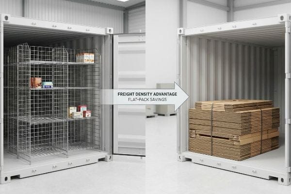 Assembled metal wire racks in a shipping container contrast with flat-packed cardboard, illustrating Freight Density Advantage and Flat-Pack Savings.