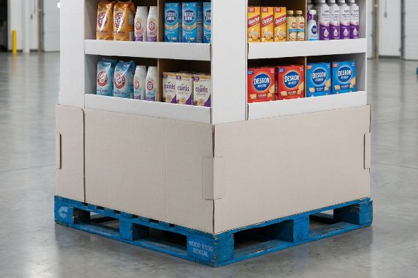 E-flute corrugated skirt conceals a blue Wood Rental pallet, supporting a retail display with Arm & Hammer, Desron, and Cheerios products.