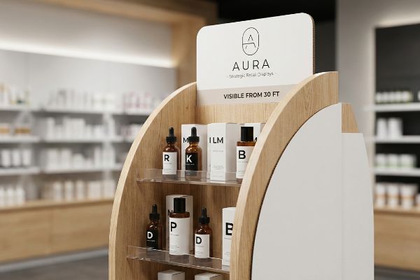 Wooden retail display stand showcasing Aura Strategic Retail Displays branding, amber dropper bottles, and white product boxes on clear acrylic shelves, emphasizing visibility from 30 ft.