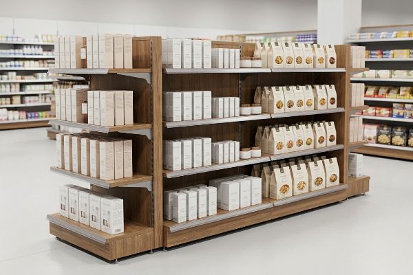 A modern retail store aisle features a wooden display rack system neatly organized with light-colored boxed products and kraft paper bags.