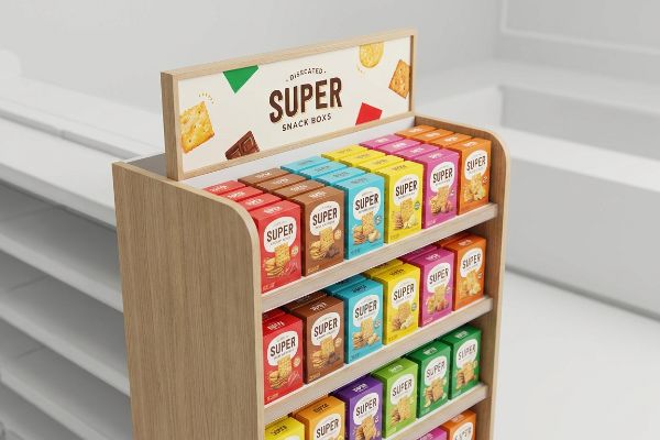 A wooden endcap display unit showcases colorful Super Snack Boxes, featuring cracker and chocolate graphics on its header.