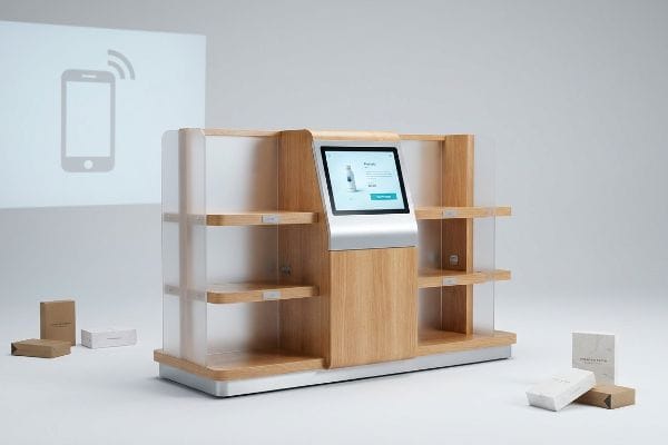 Présentoir interactif moderne en bois pour la vente au détail, avec écran numérique affichant un produit et une icône de smartphone projetée.
