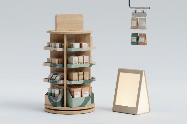 Wooden rotating spinner rack display with natural product packaging, alongside a hanging clip strip and an illuminated counter tent.