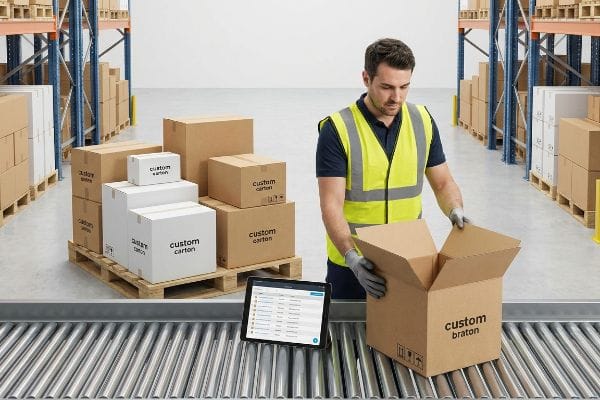 Worker in hi-vis vest packs 'Custom Braton' box on conveyor, with tablet and 'Custom Carton' boxes, showing 3PL fulfillment.