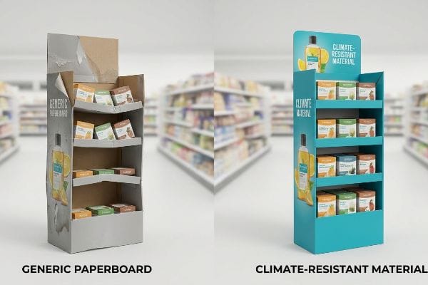 Worn Generic Paperboard POP display with peeling graphics and visible cardboard stands beside a pristine teal Climate-Resistant Material display, both showcasing product boxes in a retail aisle.