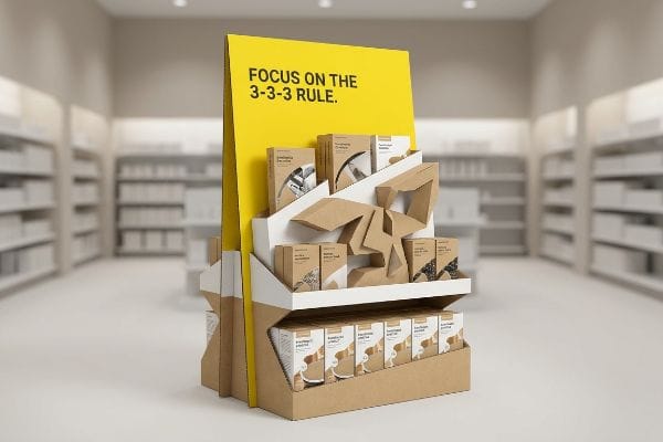 Kraft paperboard POP display with a yellow 