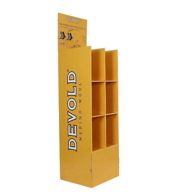 yellow merino wool socks cardboard display stand