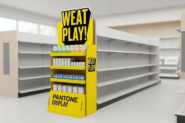 Bright yellow cardboard endcap display with 