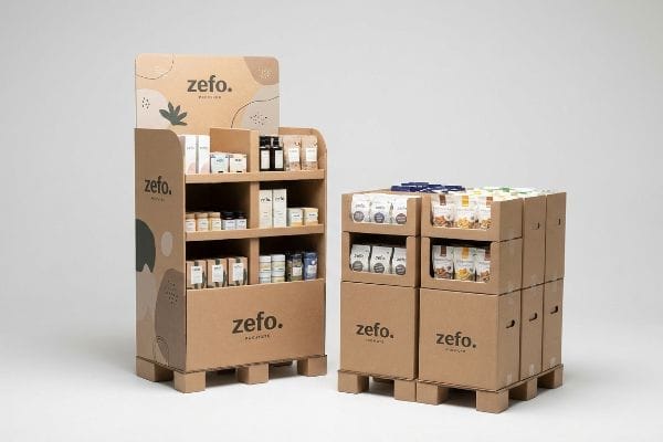 Corrugated cardboard zefo. floor standee and quarter pallet merchandiser display various health products, showcasing sustainable retail packaging.