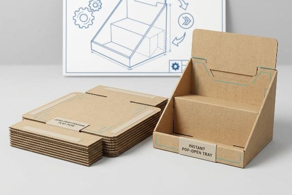 Stack of flat-packed Zero-Frustration Flap Pack pre-glued modular cardboard trays next to an assembled Instant Pop-Open Tray.