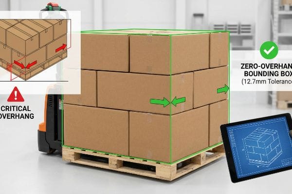 Pallet jack moving cardboard boxes within a Zero-Overhang Bounding Box (12.7mm Tolerance), contrasting Critical Overhang.