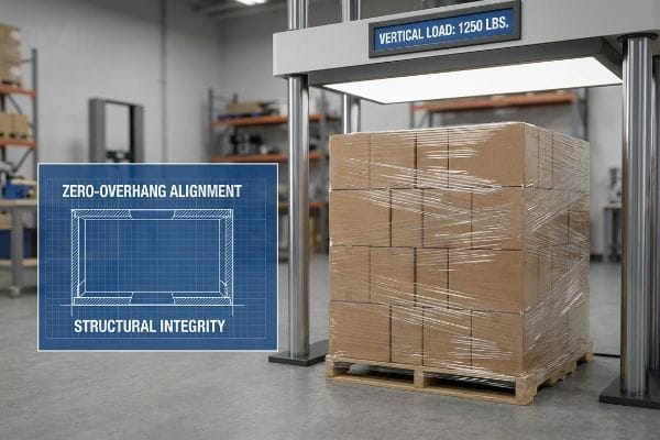 Shrink-wrapped cardboard boxes on a wooden pallet under a compression test machine displaying 'Vertical Load: 1250 Lbs.', with a blueprint overlay illustrating 'Zero-Overhang Alignment' and 'Structural Integrity'.
