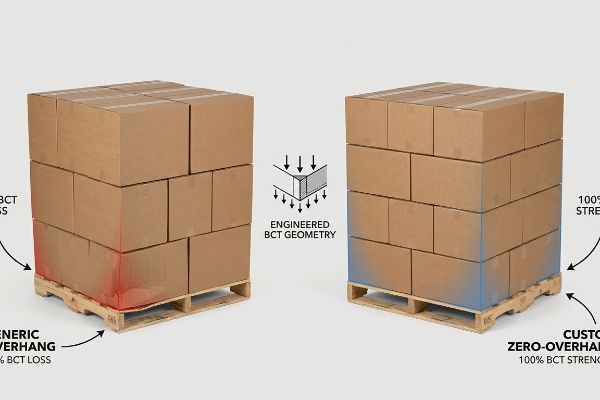 Palletized boxes: generic overhang causes BCT loss, custom zero-overhang ensures 100% BCT strength with engineered geometry.