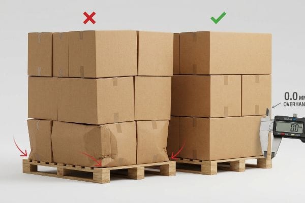 Brown cardboard boxes on pallets demonstrate proper 0.0 mm overhang measured by a digital caliper, contrasting with damaging overhang causing crushed corners.