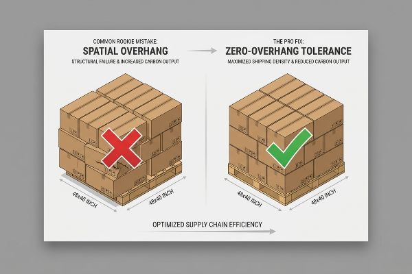 Two 48x40 inch pallet stacks: Spatial Overhang (red X) vs. Zero-Overhang Tolerance (green check), illustrating optimized supply chain efficiency.