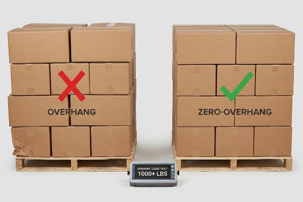 Brown cardboard boxes on wooden pallets illustrate overhang versus zero-overhang, with a digital scale showing 'Dynamic Load Test: 1000+ Lbs'.
