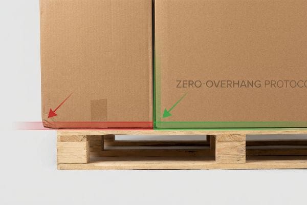 Cardboard boxes on a wooden pallet, showing a crushed overhanging box with a red arrow versus one perfectly aligned following the Zero-Overhang Protocol with a green arrow.