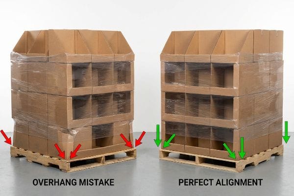 Brown cardboard display boxes on pallets, comparing Overhang Mistake with Perfect Alignment for structural integrity.