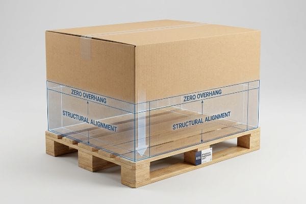A brown corrugated master carton sits perfectly aligned on a wooden pallet, illustrating Zero Overhang and Structural Alignment for optimal BCT strength.