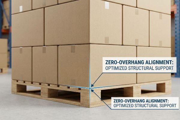 Brown cardboard boxes stacked on a wooden pallet demonstrate Zero-Overhang Alignment for Optimized Structural Support, preventing base crushing in a warehouse.