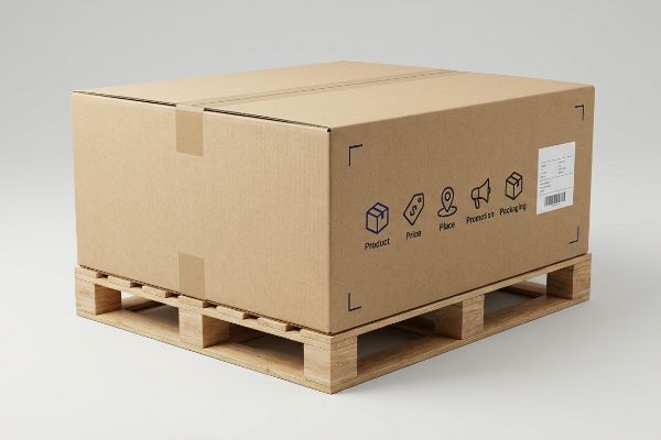 Brown corrugated cardboard box on a wooden pallet, displaying 'Product, Price, Place, Promotion, Packaging' icons, perfectly aligned without overhang.