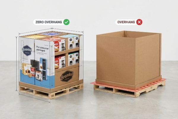 Zero overhang 'Branded' retail pallet display of consumer goods contrasted with an overhanging brown cardboard box on a wooden pallet.