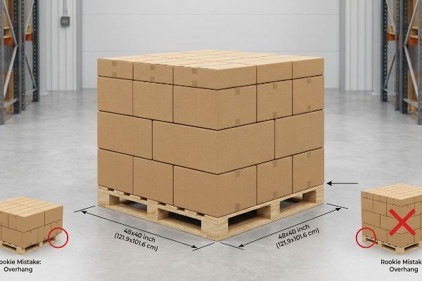Brown master cartons on a 48x40 inch (121.9x101.6 cm) pallet, demonstrating zero-overhang versus Rookie Mistake: Overhang examples.