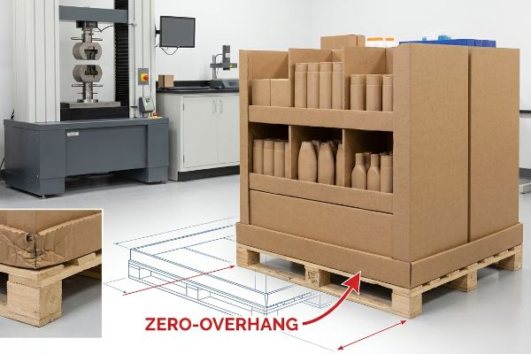 Corrugated cardboard POP display with product mock-ups on a wooden pallet, demonstrating Zero-Overhang protocol in a testing lab.