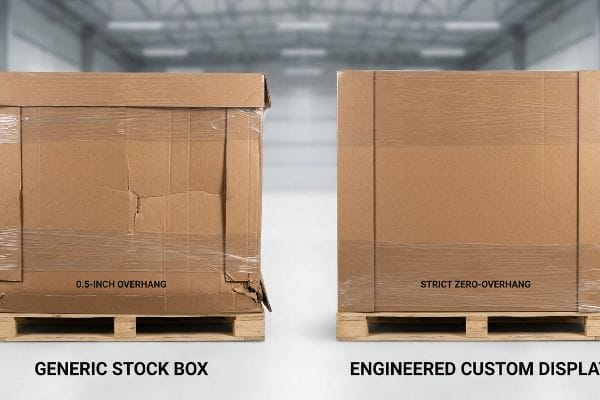 Zero Overhang Display Two palletized cardboard boxes: a damaged Generic Stock Box with 0.5-inch overhang, and a stable Engineered Custom Display with Strict Zero-Overhang.