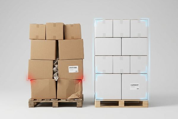 Damaged brown Stock Size boxes overhanging a pallet, contrasted by perfectly aligned white Custom Fit boxes.