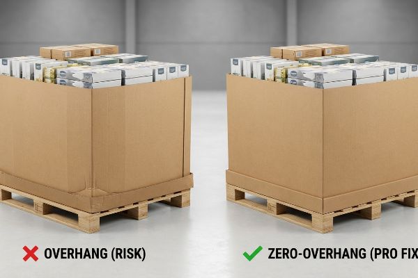 Brown corrugated pallet displays illustrate Overhang (Risk) versus Zero-Overhang (Pro Fix) for stable retail merchandising.