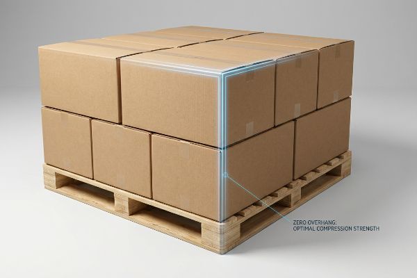 Brown cardboard boxes stacked perfectly on a wooden pallet, highlighted for Zero Overhang and Optimal Compression Strength, preventing transit damage.