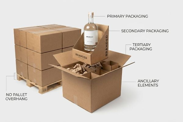 Brandolo bottle in Branded secondary packaging, within tertiary box with ancillary elements, beside stacked zero-overhang pallet boxes.