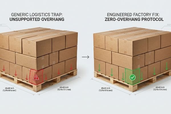 Brown cardboard boxes on two 48x40 inch pallets, comparing Generic Logistics Trap: Unsupported Overhang to Engineered Factory Fix: Zero-Overhang Protocol.